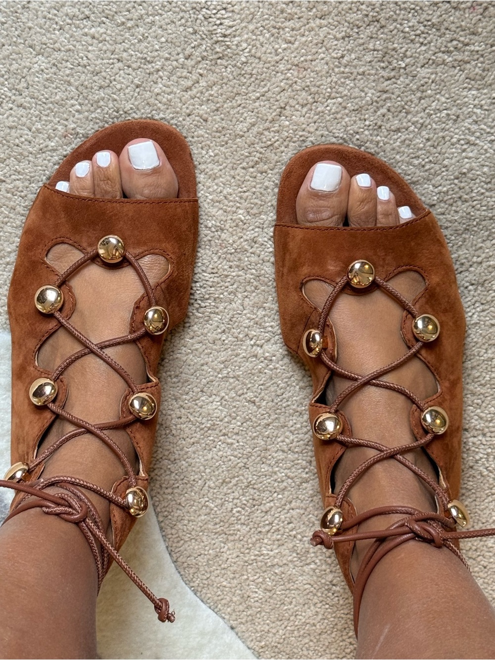 Rebecca Minkoff Brown Suede Lace-Up Sandals with Gold Studs